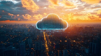 Futuristic Binary Cloud Hovering Over Cityscape Symbolizing Smart Urban Infrastructure
