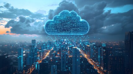 Digital Cloud Computing Hovering Over Futuristic Urban Cityscape