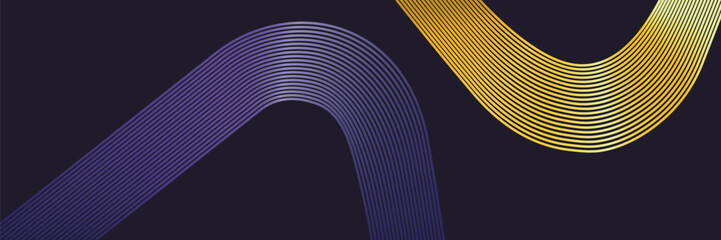 Gold and violet wave glowing geometric line on dark background. Futuristic modern shiny diagonal rounded line pattern. vector illustrator