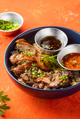 Garlic Rosemary Chicken Rice Bowl with Sauces, and Coriander isolated on orange background closeup side view of Appetizer Meal