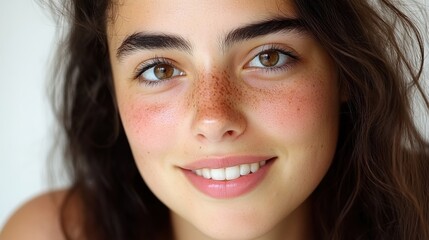 Obraz premium Smiling young woman with freckles and curly hair, portrait against a light backdrop.