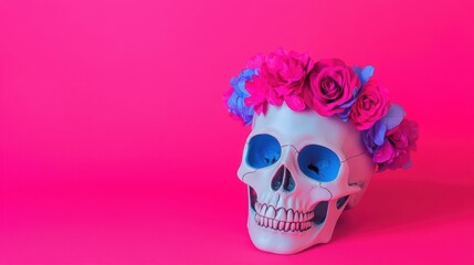 Glowing sugar skull with neon floral crown, bright blue and magenta hues, luminous glow