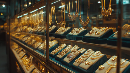 stunning display of gold jewelry in shop, showcasing elegance and luxury