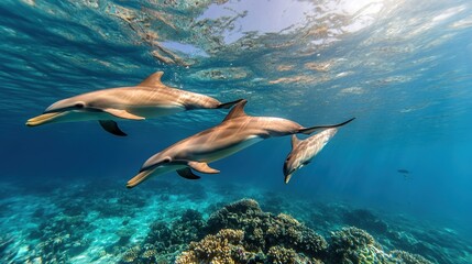 Three dolphins swimming gracefully in clear blue water.