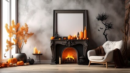Modern minimalist wall art mockup of fireplace living room for Halloween, blank frame for wall art mockup of living room, Halloween and Christmas spooky scary vibes of the room interior design
