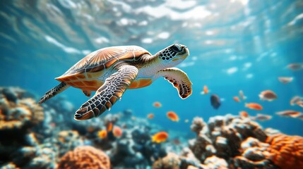Fototapeta premium Turtle swimming gracefully through vibrant coral reef underwater.