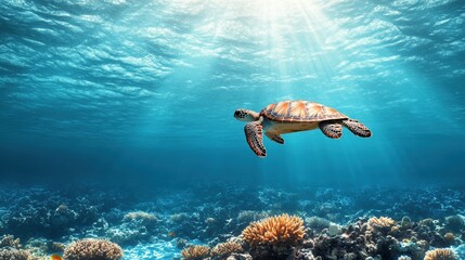 Fototapeta premium Turtle swimming gracefully underwater with coral reef and sun rays.