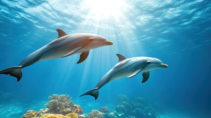 Fototapeta premium Two dolphins swimming gracefully in clear blue ocean waters.