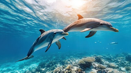 Fototapeta premium Two dolphins swimming gracefully in clear blue water.