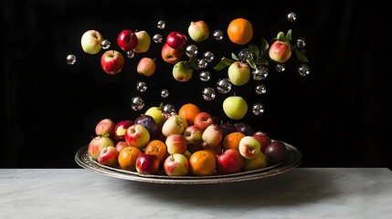 Captivating digital art photograph showcasing a visually striking fruit platter with holographic levitating apples and oranges creating a mesmerizing futuristic and otherworldly aesthetic