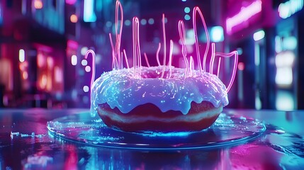 Neon Holographic Donut A Futuristic Confection of Digital Delights  This visually stunning image blends the classic comfort of a sweet pastry with the captivating allure of holographic technology