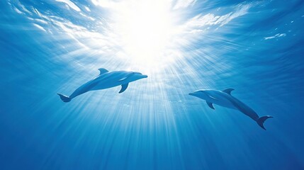 Obraz premium Two dolphins swimming gracefully in clear blue water illuminated by sunlight.