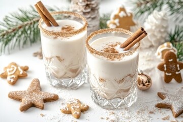 Traditional Christmas drink eggnog in glasses with cinnamon and Cookies. Delicious Holiday Drinks. Christmas milk cocktail with spices. Place for text. Egg Nog in festive mugs. Cozy winter beverage