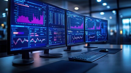 Naklejka premium Multiple monitors displaying financial data and stock charts.