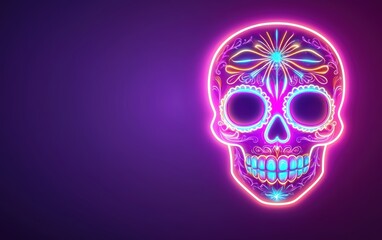 Bright glowing sugar skull with intricate swirls, neon pink and blue, dark background