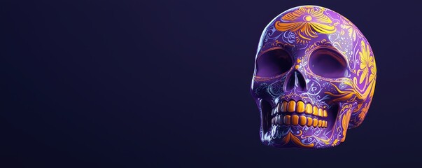 Glowing sugar skull with vibrant purple and yellow floral patterns, intricate details