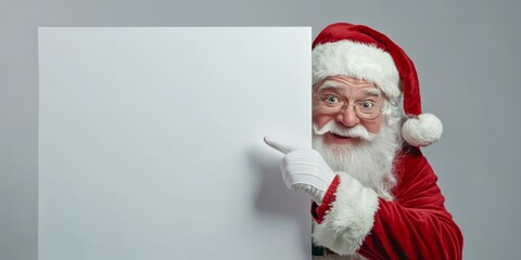 Cheerful Santa Claus Holding a Blank Sign Mock Up with Space for Your Text, Holiday Promotions and Events. Jolly Santa Claus gesturing pointing on white banner placard, festive themes advertising.