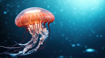 Fototapeta premium Vibrant jellyfish gracefully swims in blue ocean waters.