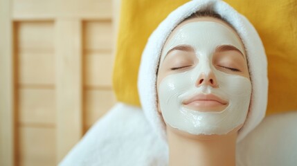 Woman enjoying a facial spa treatment, relaxing on a spa bed with a towel.