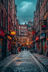 Fototapeta premium Cobblestone Alleyway with String Lights and Brick Buildings