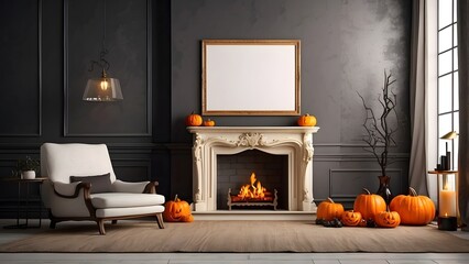Modern minimalist wall art mockup of fireplace living room for Halloween, blank frame for wall art mockup of living room, Halloween and Christmas spooky scary vibes of the room interior design