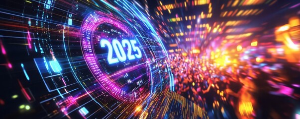 Fototapeta premium A futuristic countdown timer hitting 2025, with a glowing digital calendar and people cheering, vibrant neon colors and festive energy
