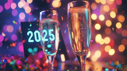 A futuristic New Year s Eve celebration with a digital calendar flipping to 2025, champagne glasses clinking, and confetti filling the air