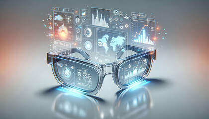 3D Holographic Glasses Display Glowing Business Market Data Concept Isolated on White Background, Modern Design with Ample Copy Space for Text and Graphics, Industry Innovation Visualization