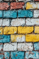 Fototapeta premium Weathered Brick Wall with Peeling Paint in Blue, Yellow, and White