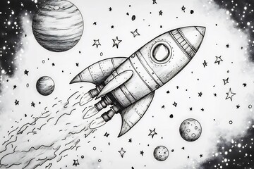 Handdrawn coloring page with a space adventure theme showing rockets planets and cute astronauts floating in a galaxy perfect for kids and adults who love coloring cosmic wonders