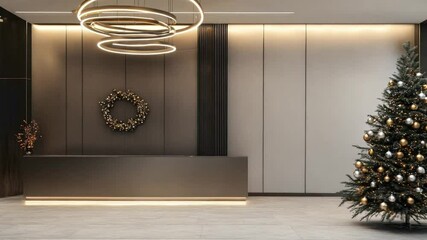 A decorated Christmas hall featuring an elegant tree and modern design elements perfect for festive gatherings - Powered by Adobe