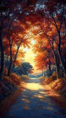 Fototapeta premium Autumn Forest Pathway Illustration - Golden Light Through Trees