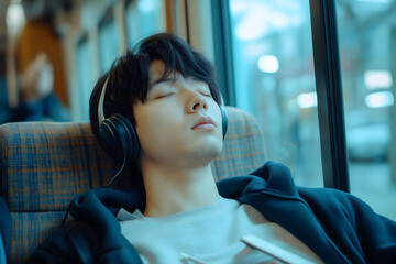 Tired young man sleeping while listening to music on his headphones on a train ride after work