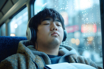 Young student is sleeping on the bus with headphones while going to school on a rainy day