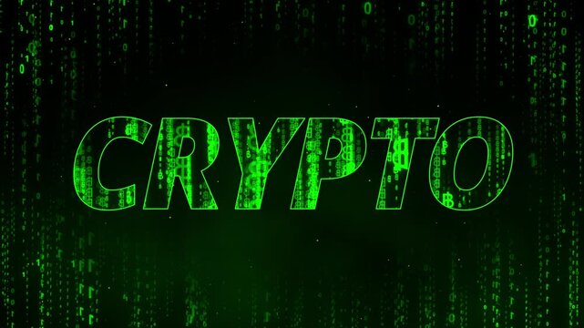 Green word Crypto with Bitcoin matrix rain and green matrix background shows cryptocurrency mining and digital currencies as futuristic technology for block chain and criminals or safe crypto currency