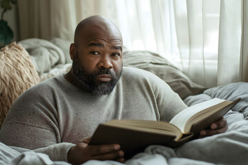 Serious african american man reads a book in a cozy bedroom, surrounded by pillows and a soft blanket, illuminated by natural light from a window