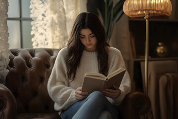 Young woman is relaxing on a leather armchair, deeply engrossed in a captivating novel