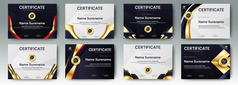 Black and gold certificate of appreciation border template with luxury badge and modern line and shapes. For award, business, and education needs. Diploma vector template	
