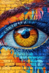 A Close-Up View of a Painted Eye on a Brick Wall