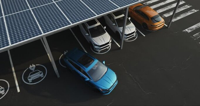 Overhead view of a modern parking lot featuring solar panels