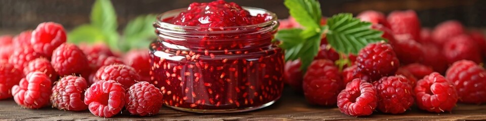 A jar of raspberry jam surrounded by fresh raspberries on a rustic wooden surface

