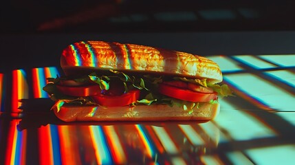 Naklejka premium Futuristic sandwich with holographic glowing lettuce and tomatoes
