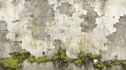 Obraz premium Weathered Concrete Wall Texture with Peeling Paint and Green Moss