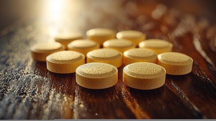 A close-up view of round yellow tablets placed on a rustic wooden surface with warm lighting illuminating the scene