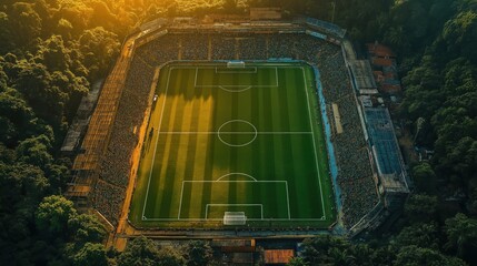 A soccer stadium, seen from above, full of fans, most of them dressed in green.