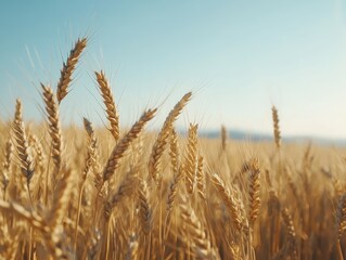 Fototapeta premium Golden Wheat Stalks Swaying in a Field Under a Blue Sky