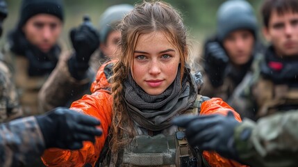 Fototapeta premium Conflict zone team building, promoting unity and problem-solving skills under stressful conditions