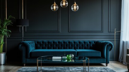 Blue Velvet Sofa in a Modern Living Room with Black Walls and Gold Accents