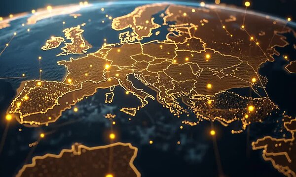 A glowing map of Europe showcasing city lights at night.