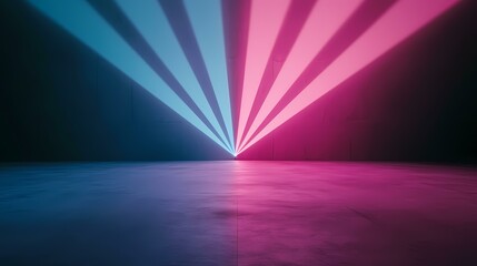 A dark room with a blue and pink neon light show creating a split screen effect on the floor.